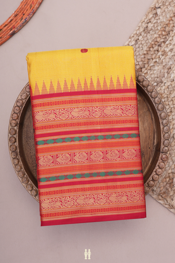 Kanchipuram Silk Saree In Honey Yellow With Rudraksh Buttas