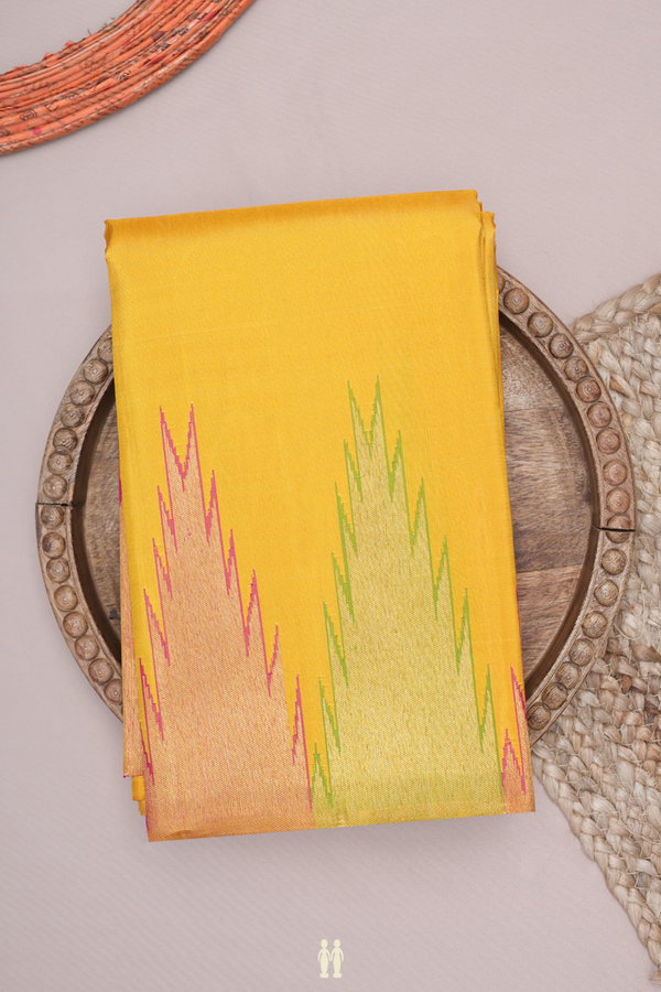 Kanchipuram Silk Saree In Honey Yellow With Temple Border