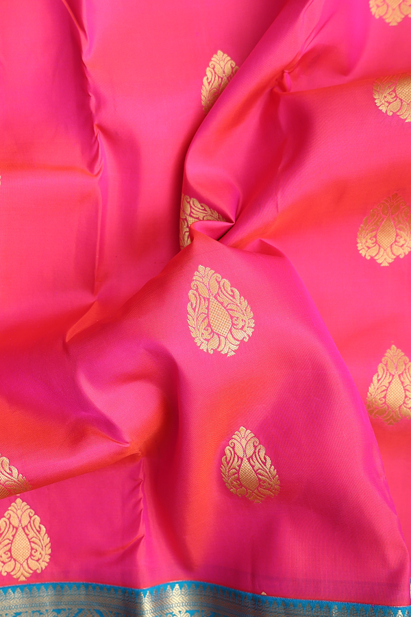 Kanchipuram Silk Saree In Hot Pink With Zari Buttas
