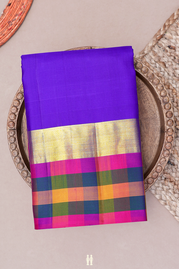 Kanchipuram Silk Saree In Indigo Blue With Checks Border