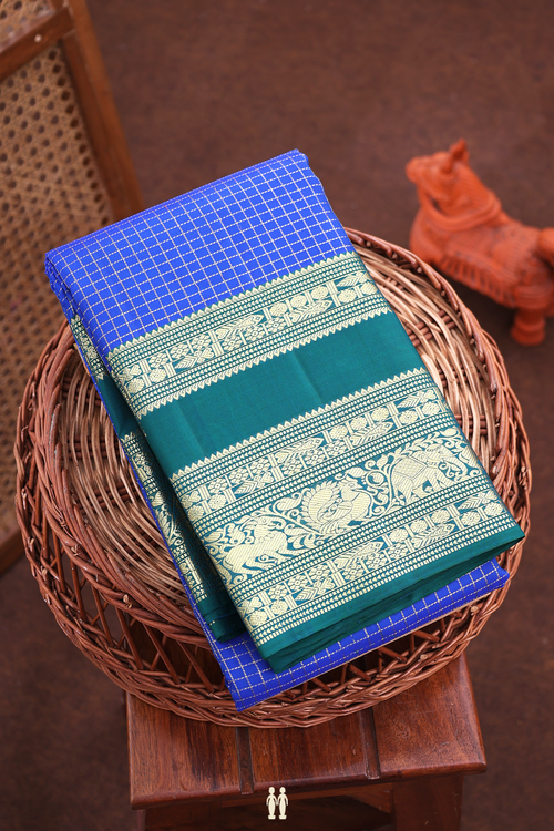 Kanchipuram Silk Saree In Indigo Blue With Checks Design