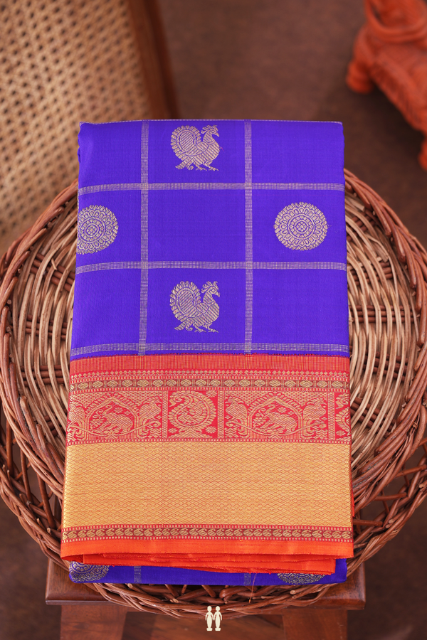 Kanchipuram Silk Saree In Indigo Blue With Checks Design