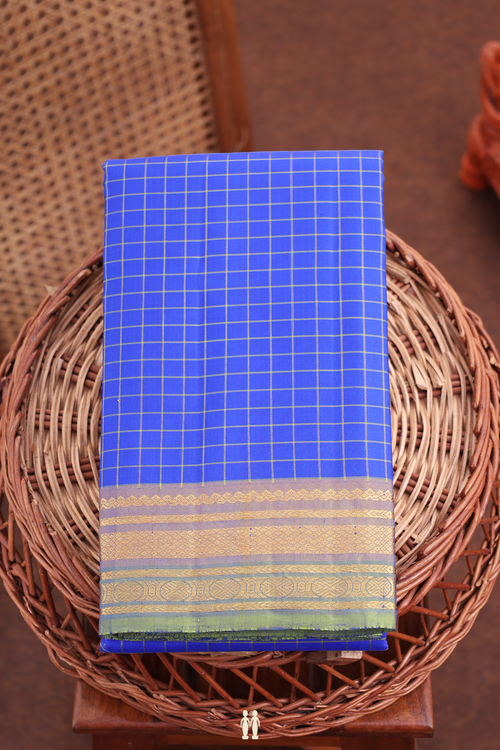 Kanchipuram Silk Saree In Indigo Blue With Checks Design