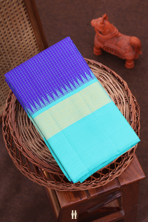 Kanchipuram Silk Saree In Indigo Blue With Checks Design