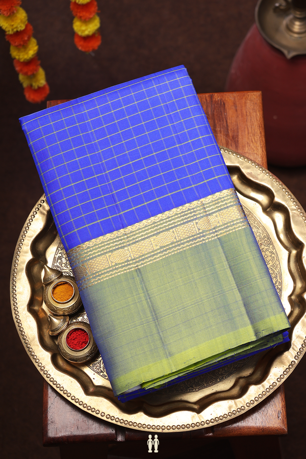 Kanchipuram Silk Saree In Indigo Blue With Checks Design