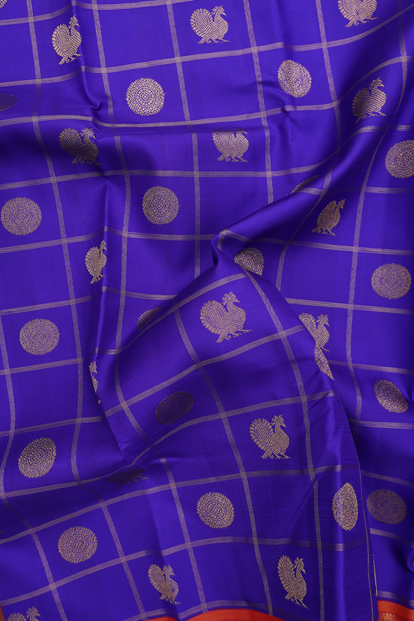 Kanchipuram Silk Saree In Indigo Blue With Checks Design