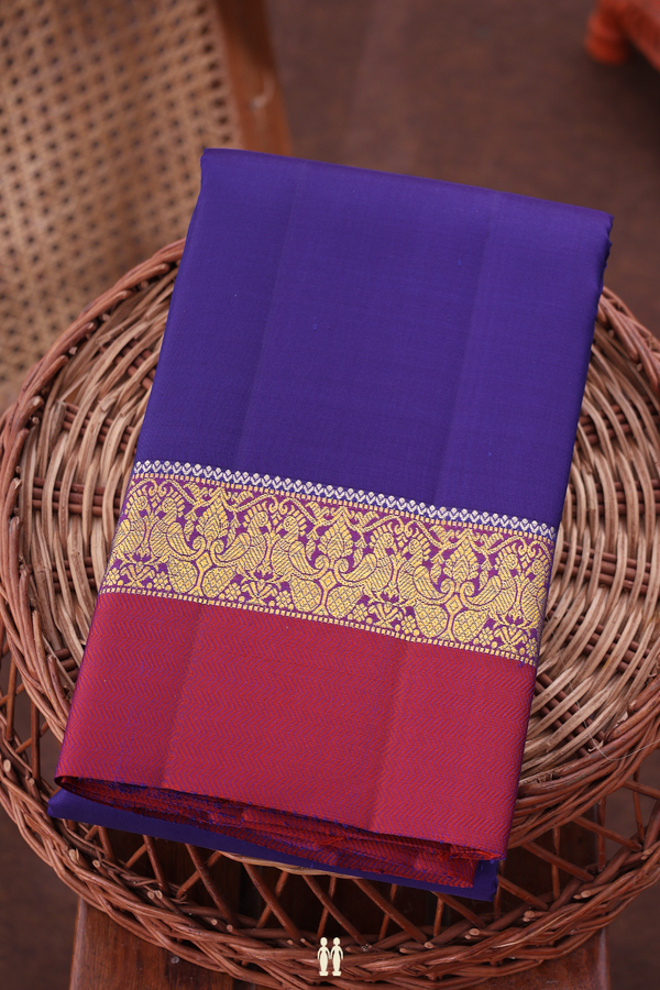 Kanchipuram Silk Saree In Indigo Blue With Chevron Border