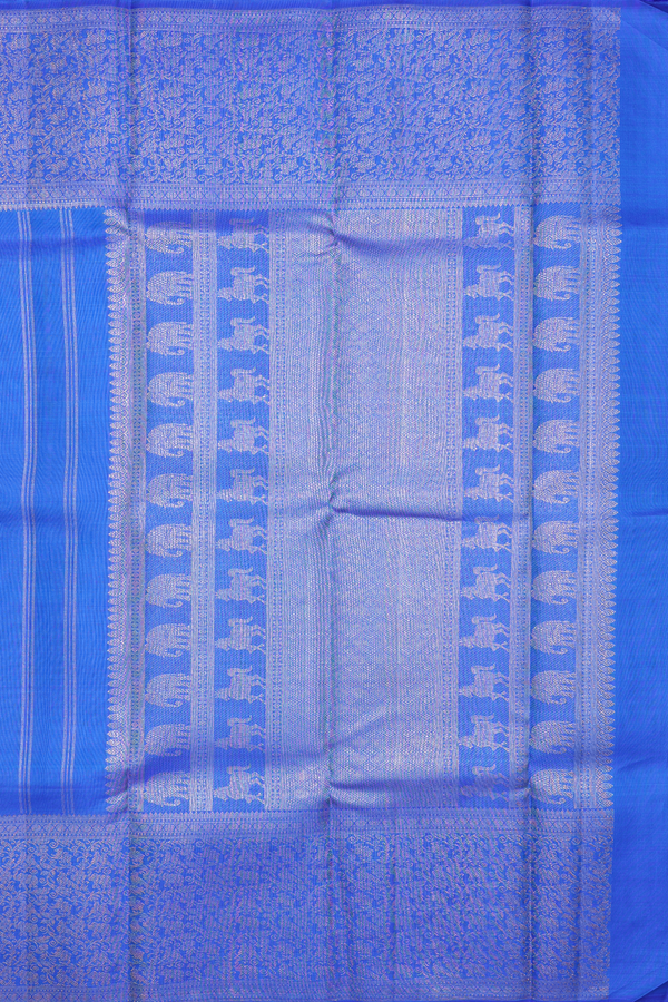 Kanchipuram Silk Saree In Indigo Blue With Parrot Buttas