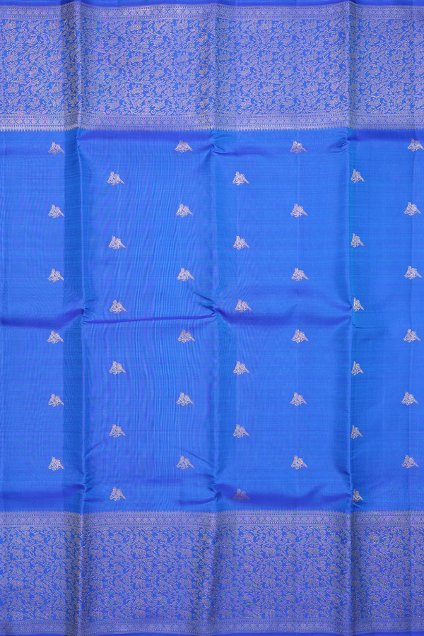 Kanchipuram Silk Saree In Indigo Blue With Parrot Buttas