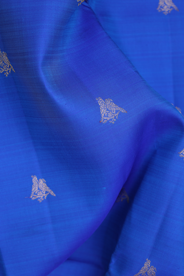 Kanchipuram Silk Saree In Indigo Blue With Peacock Buttas