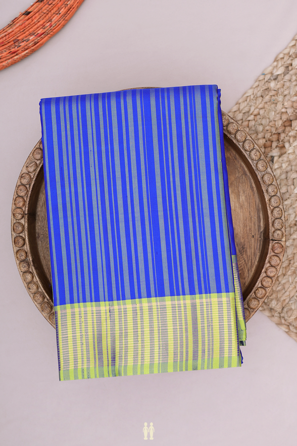 Kanchipuram Silk Saree In Indigo Blue With Stripes Design