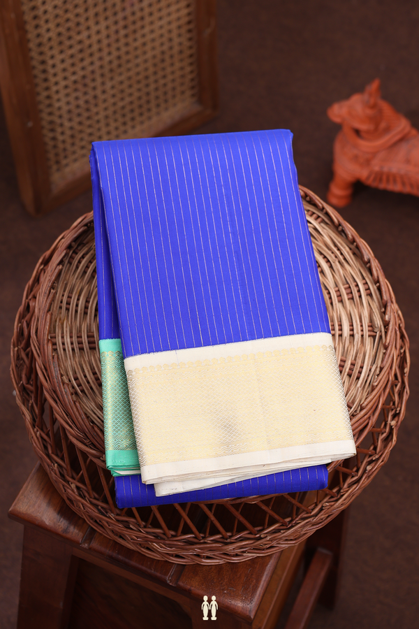 Kanchipuram Silk Saree In Indigo Blue With Stripes Design