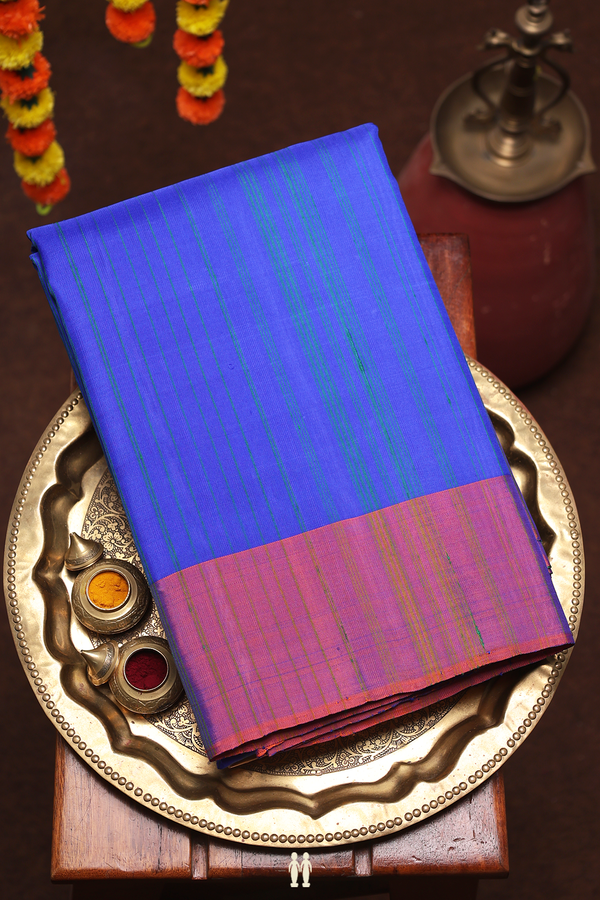 Kanchipuram Silk Saree In Indigo Blue With Stripes Design