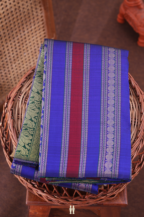 Kanchipuram Silk Saree In Blue And Red With Stripes Design