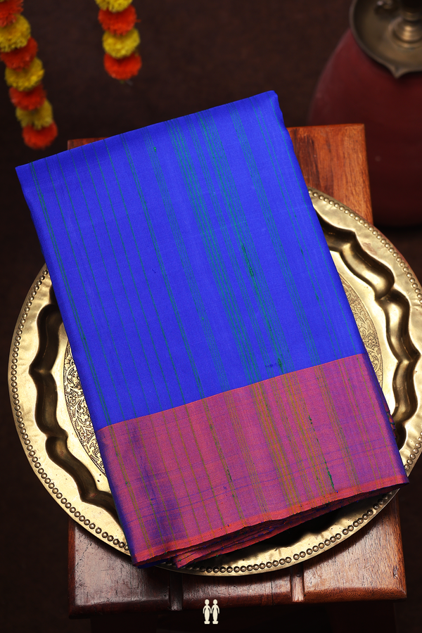 Kanchipuram Silk Saree In Indigo Blue With Stripes Design