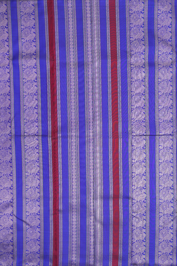 Kanchipuram Silk Saree In Blue And Red With Stripes Design