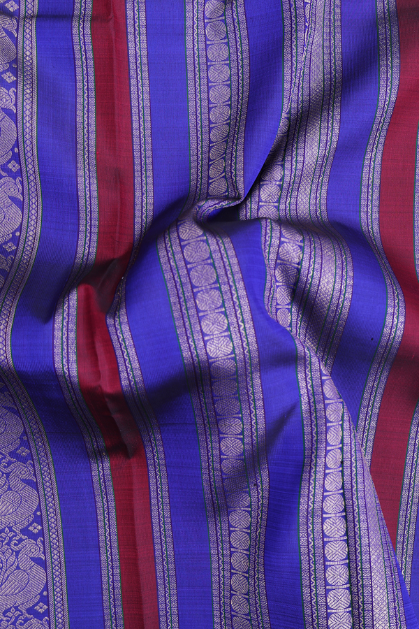 Kanchipuram Silk Saree In Blue And Red With Stripes Design