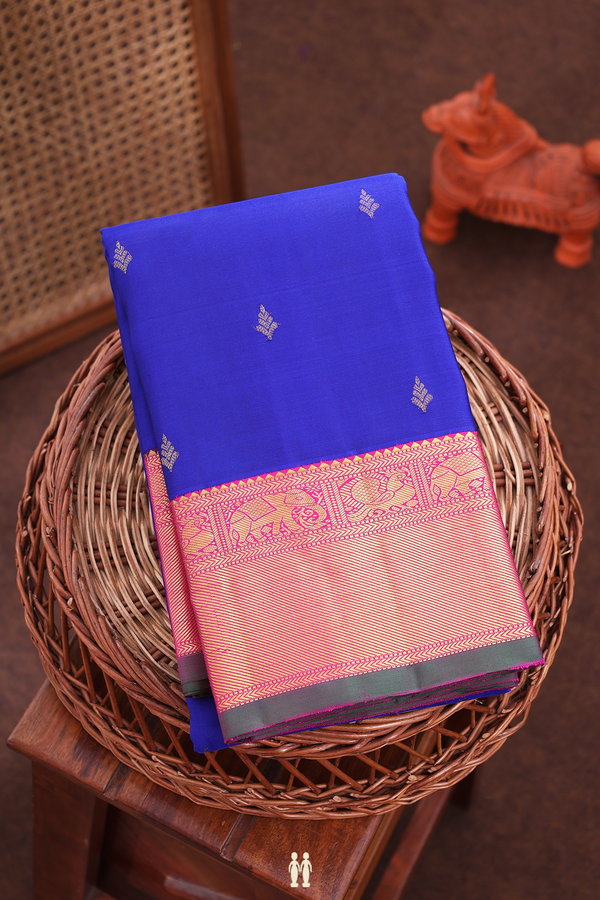 Kanchipuram Silk Saree In Indigo Blue With Zari Buttas
