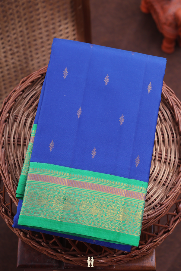 Kanchipuram Silk Saree In Indigo Blue With Zari Buttas