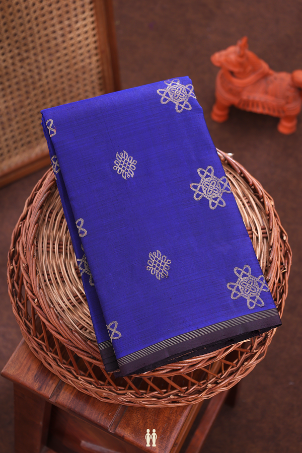Kanchipuram Silk Saree In Indigo Blue With Zari Buttas