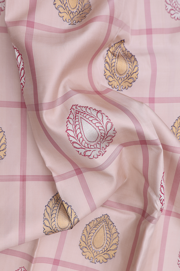 Kanchipuram Silk Saree In Ivory With Checks Along Buttas