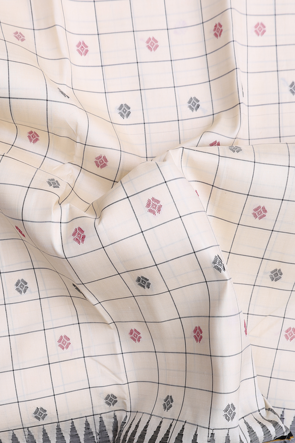 Kanchipuram Silk Saree In Ivory With Checks Design
