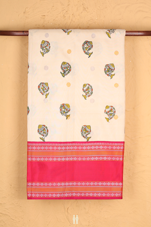 Kanchipuram Silk Saree In Ivory With Fish Hand Painted Desig