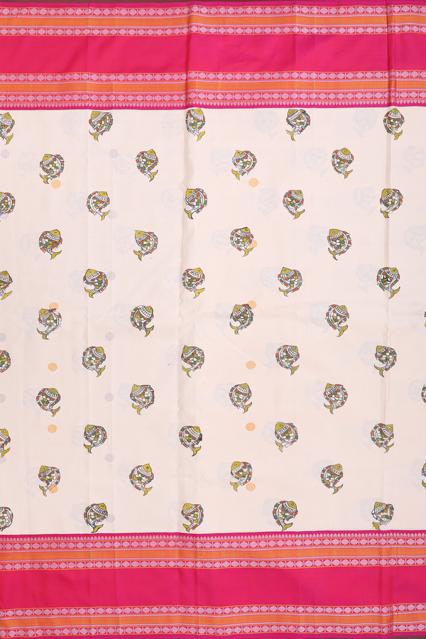 Kanchipuram Silk Saree In Ivory With Fish Hand Painted Desig