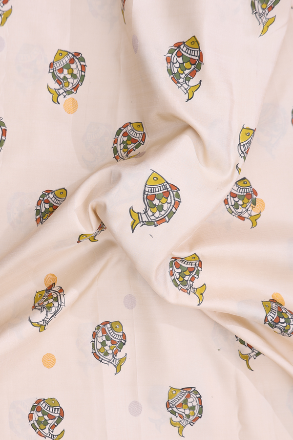 Kanchipuram Silk Saree In Ivory With Fish Hand Painted Desig