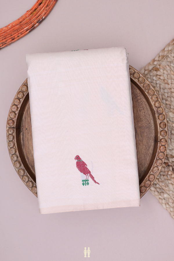 Kanchipuram Silk Saree In Ivory With Parrot Buttas