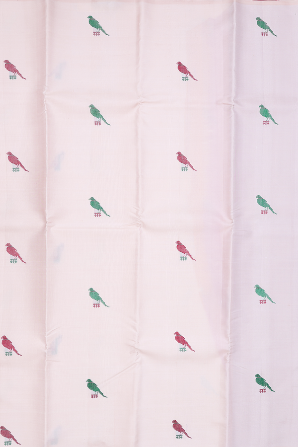 Kanchipuram Silk Saree In Ivory With Parrot Buttas