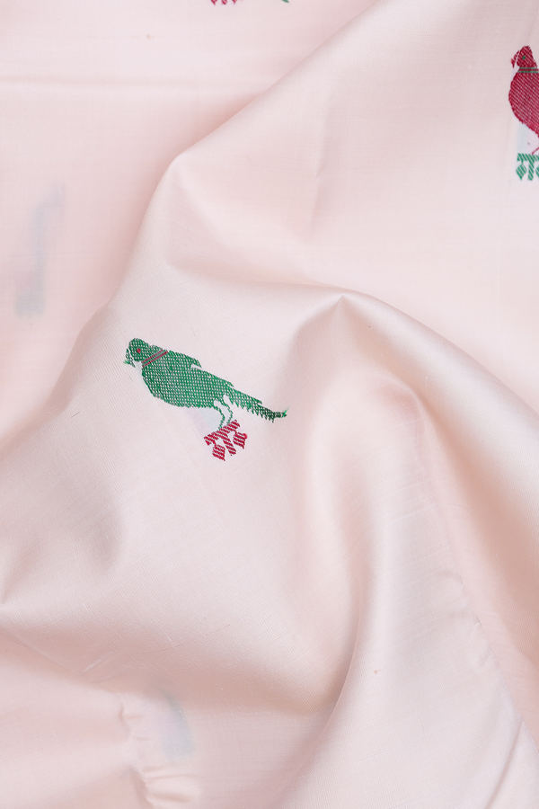 Kanchipuram Silk Saree In Ivory With Parrot Buttas