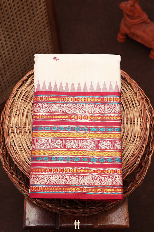 Kanchipuram Silk Saree In Ivory With Threadwork Buttas