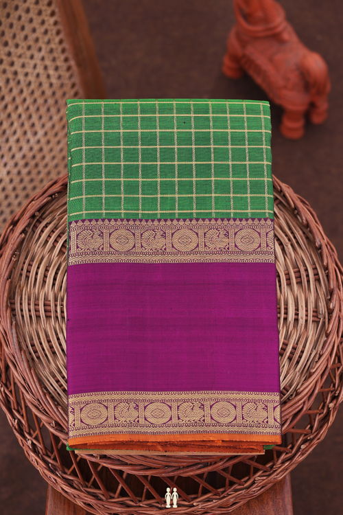 Kanchipuram Silk Saree In Leaf Green With Checks Design