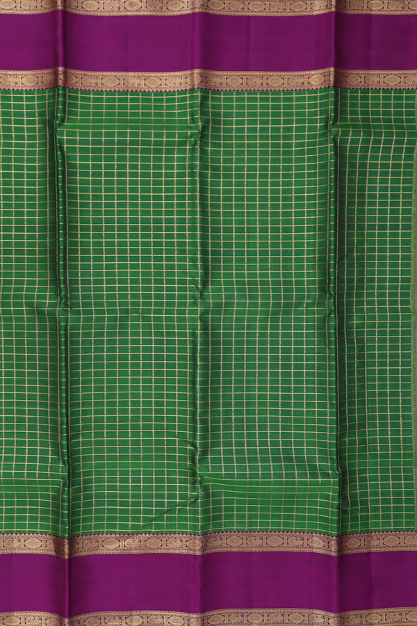 Kanchipuram Silk Saree In Leaf Green With Checks Design