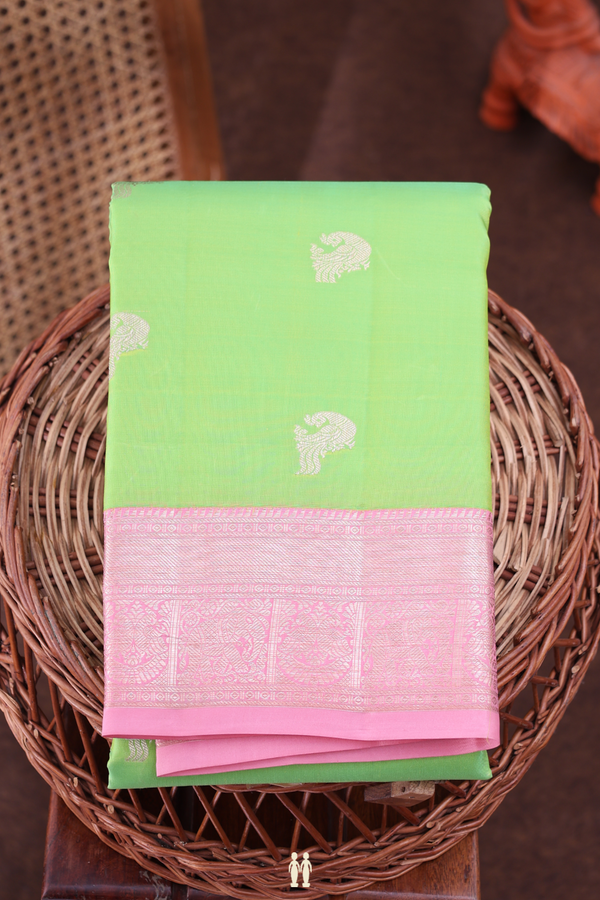 Kanchipuram Silk Saree In Light Green With Peacock Buttas