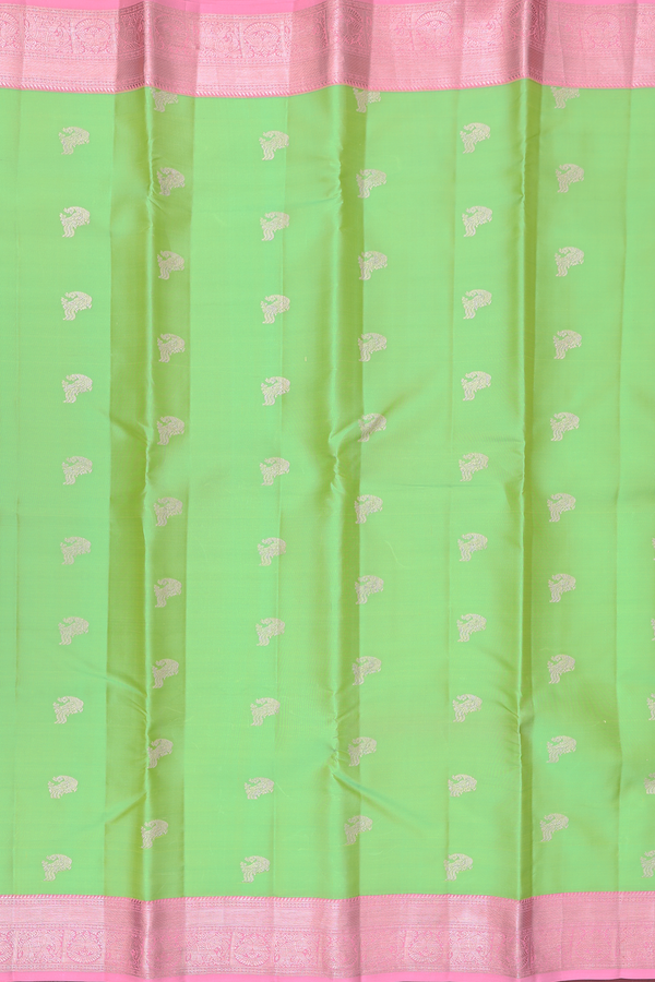 Kanchipuram Silk Saree In Light Green With Peacock Buttas
