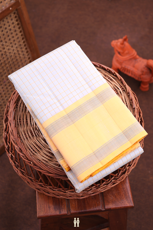 Kanchipuram Silk Saree In Light Grey With Checks Design