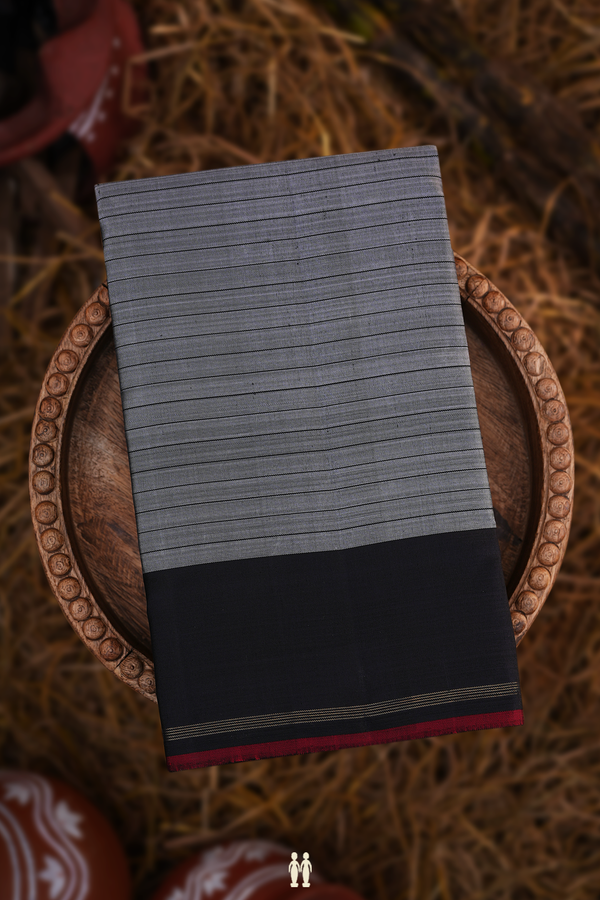 Kanchipuram Silk Saree In Light Grey With Stripes Design