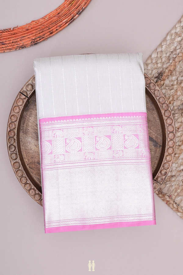 Kanchipuram Silk Saree In Light Grey With Stripes Design