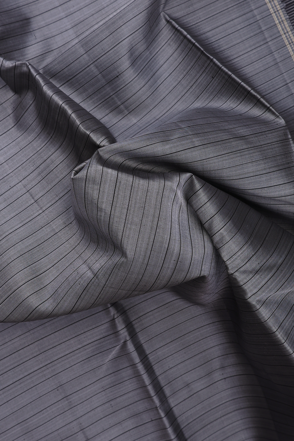 Kanchipuram Silk Saree In Light Grey With Stripes Design