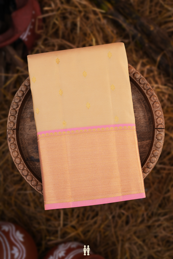 Kanchipuram Silk Saree In Light Tan With Zari Buttis