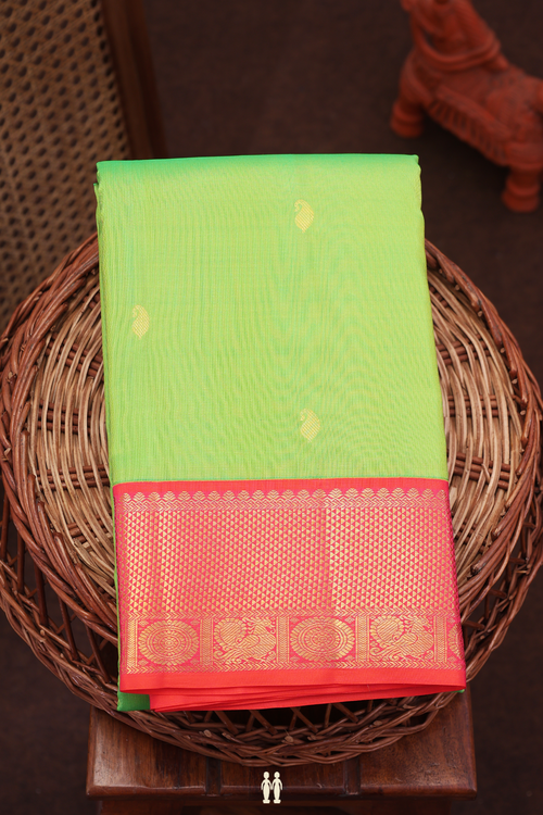 Kanchipuram Silk Saree In Lime Green With Paisley Buttas