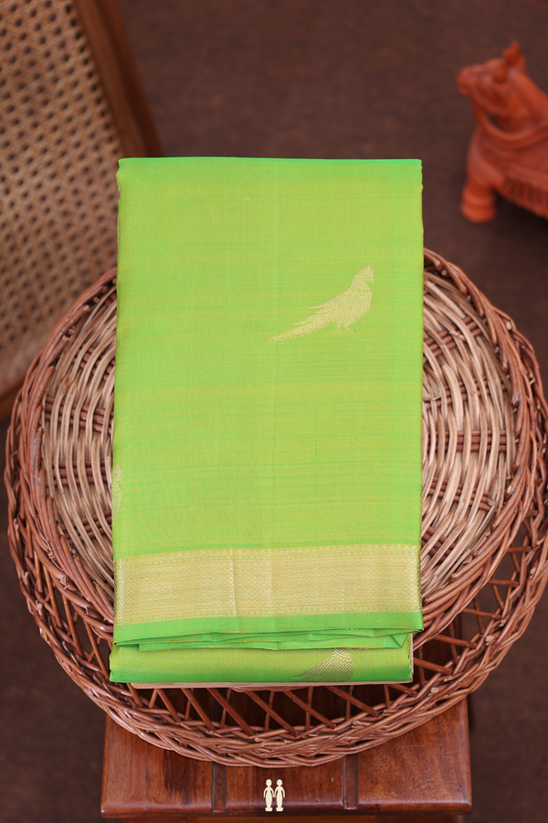 Kanchipuram Silk Saree In Lime Green With Parrot Motifs