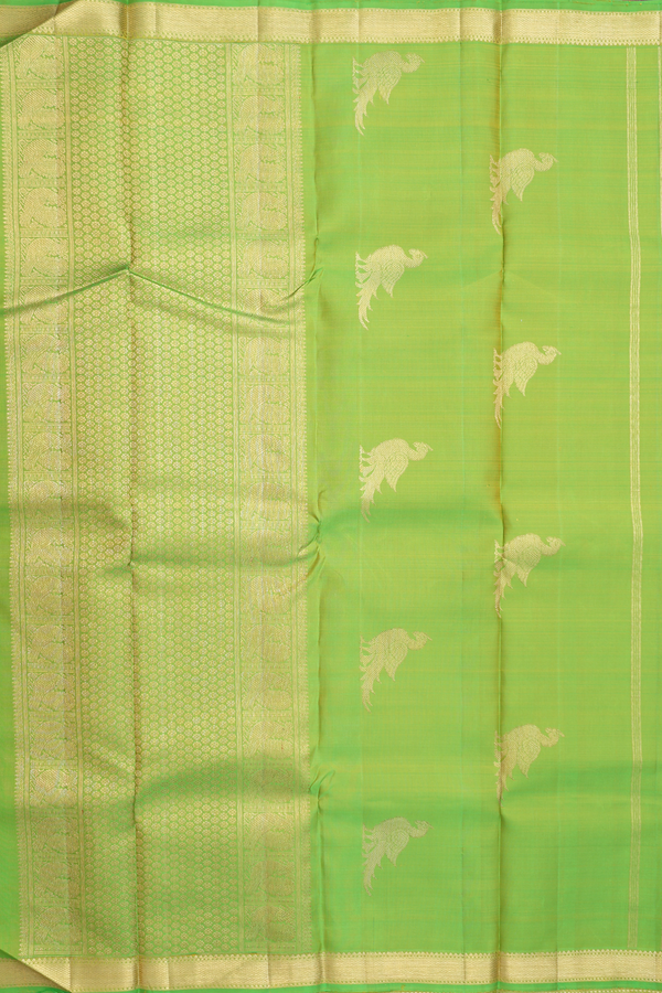 Kanchipuram Silk Saree In Lime Green With Parrot Motifs