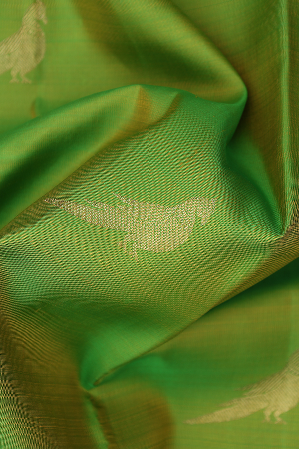 Kanchipuram Silk Saree In Lime Green With Parrot Motifs