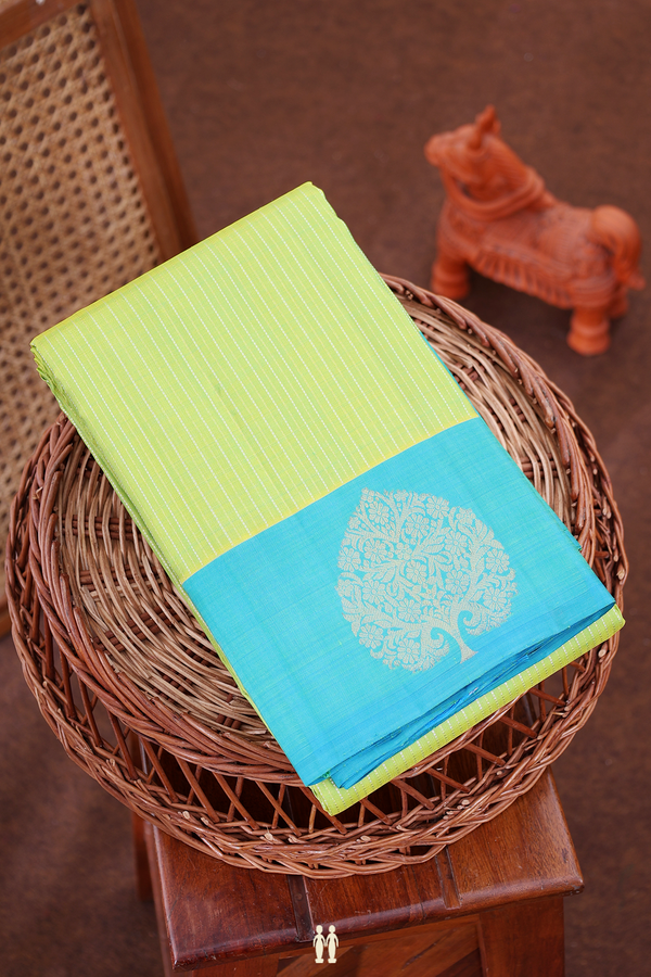 Kanchipuram Silk Saree In Lime Green With Stripes Design