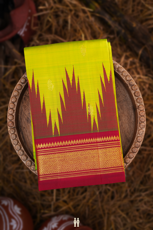Kanchipuram Silk Saree In Lime Green With Zari Buttas