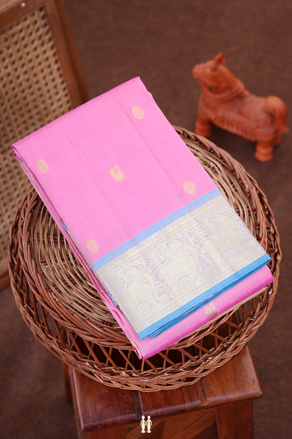 Kanchipuram Silk Saree In Lotus Pink With Peacock Buttas