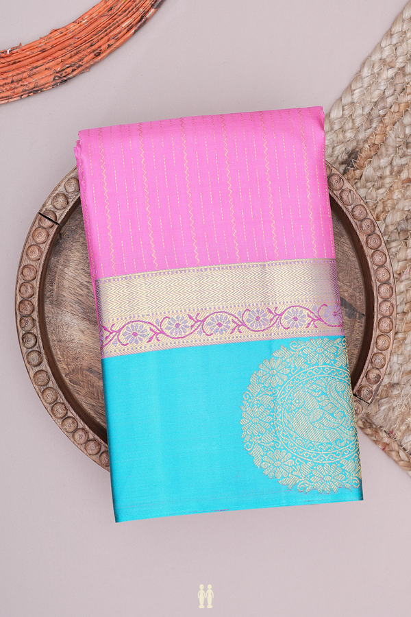 Kanchipuram Silk Saree In Lotus Pink With Stripes Design